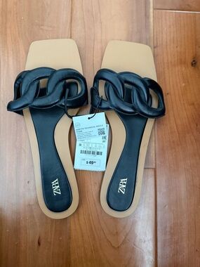 ZARA Black Chain-Link Slide Sandals - 7.5